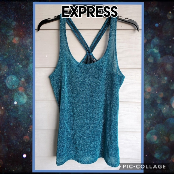 EXPRESS Glitzy Shimmery Metallic Turquoise Festive Semi-sheer Racerback Tank Top - Picture 2 of 16